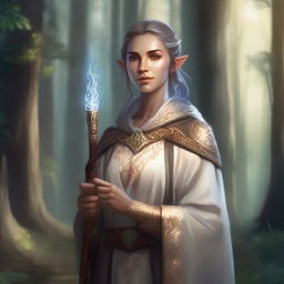 A detailed illustration of a half-elf female cleric