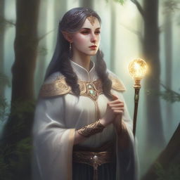 A detailed illustration of a half-elf female cleric