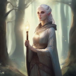 A detailed illustration of a half-elf female cleric