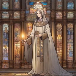 A detailed illustration of a female cleric dressed in elaborate robes, holding a staff with a glowing crystal at the top