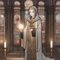 A detailed illustration of a female cleric dressed in elaborate robes, holding a staff with a glowing crystal at the top