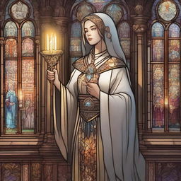 A detailed illustration of a female cleric dressed in elaborate robes, holding a staff with a glowing crystal at the top