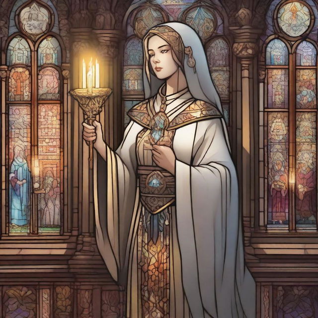 A detailed illustration of a female cleric dressed in elaborate robes, holding a staff with a glowing crystal at the top