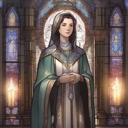 A detailed illustration of a female cleric dressed in elaborate robes, holding a staff with a glowing crystal at the top