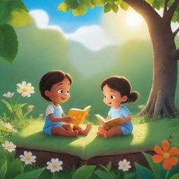 A luminous scene from 'BrightBabyTales' featuring children engrossed in moral storytelling amidst nature. Capture an open, brightly illustrated book with lessons gently permeating the animated scene under the warm sunshine.