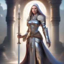 A powerful female cleric standing confidently with a sword in hand