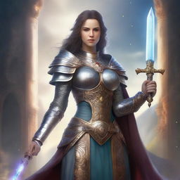 A powerful female cleric standing confidently with a sword in hand