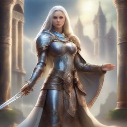 A powerful female cleric standing confidently with a sword in hand