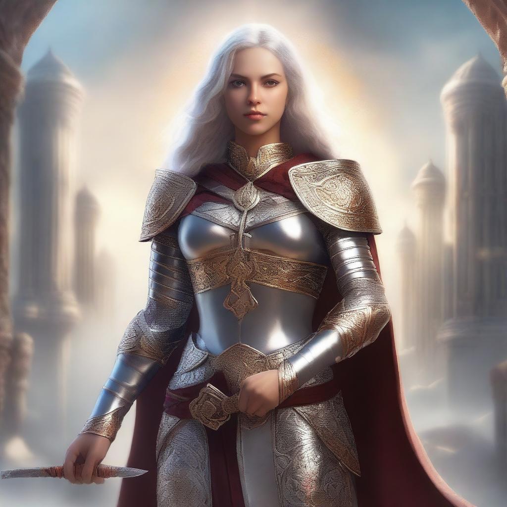 A powerful female cleric standing confidently with a sword in hand