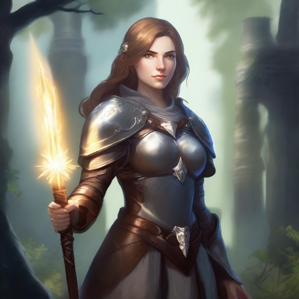 A detailed illustration of a female cleric adorned in leather armor