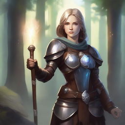 A detailed illustration of a female cleric adorned in leather armor