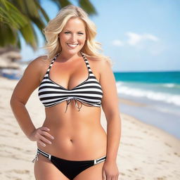 A happy blonde woman with big breasts wearing a black and white striped bikini