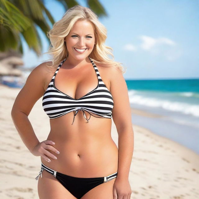 A happy blonde woman with big breasts wearing a black and white striped bikini