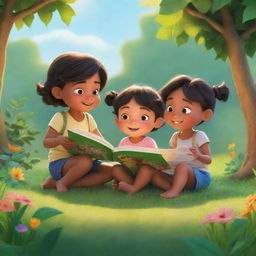 A luminous scene from 'BrightBabyTales' featuring children engrossed in moral storytelling amidst nature. Capture an open, brightly illustrated book with lessons gently permeating the animated scene under the warm sunshine.