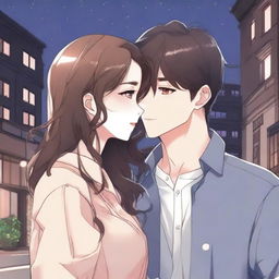 Create an image in the style of a Manhwa romance, featuring a young couple in a tender moment