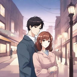 Create an image in the style of a Manhwa romance, featuring a young couple in a tender moment