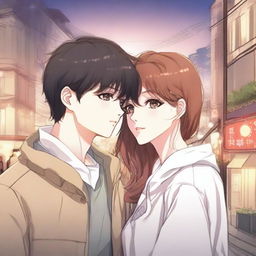 Create an image in the style of a Manhwa romance, featuring a young couple in a tender moment