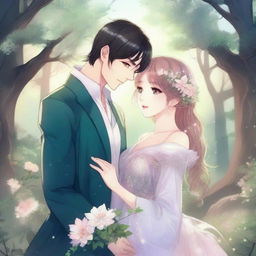 Create an image in the style of a fantasy Manhwa romance, featuring a young couple in a tender moment