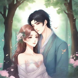 Create an image in the style of a fantasy Manhwa romance, featuring a young couple in a tender moment