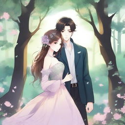 Create an image in the style of a fantasy Manhwa romance, featuring a young couple in a tender moment