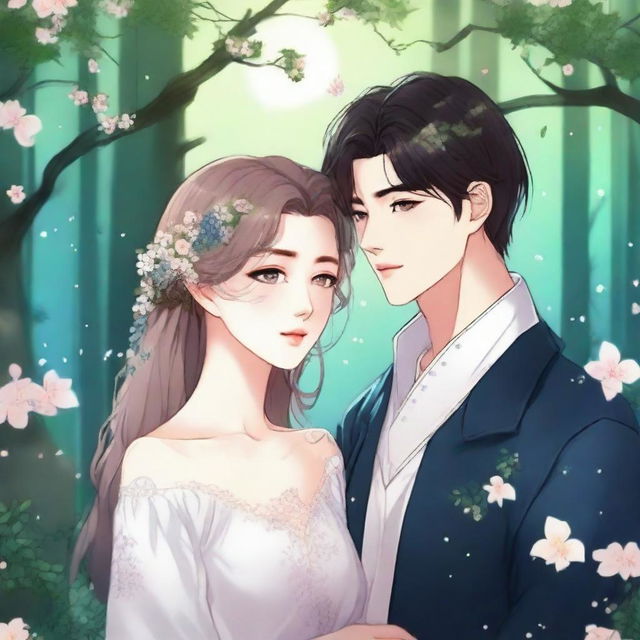 Create an image in the style of a fantasy Manhwa romance, featuring a young couple in a tender moment