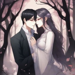 Create an image in the style of a dark fantasy Manhwa romance, featuring a young couple in a tender yet intense moment