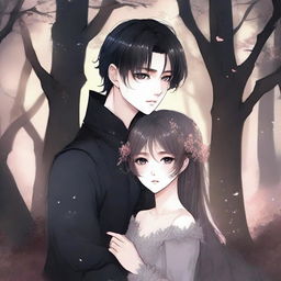 Create an image in the style of a dark fantasy Manhwa romance, featuring a young couple in a tender yet intense moment