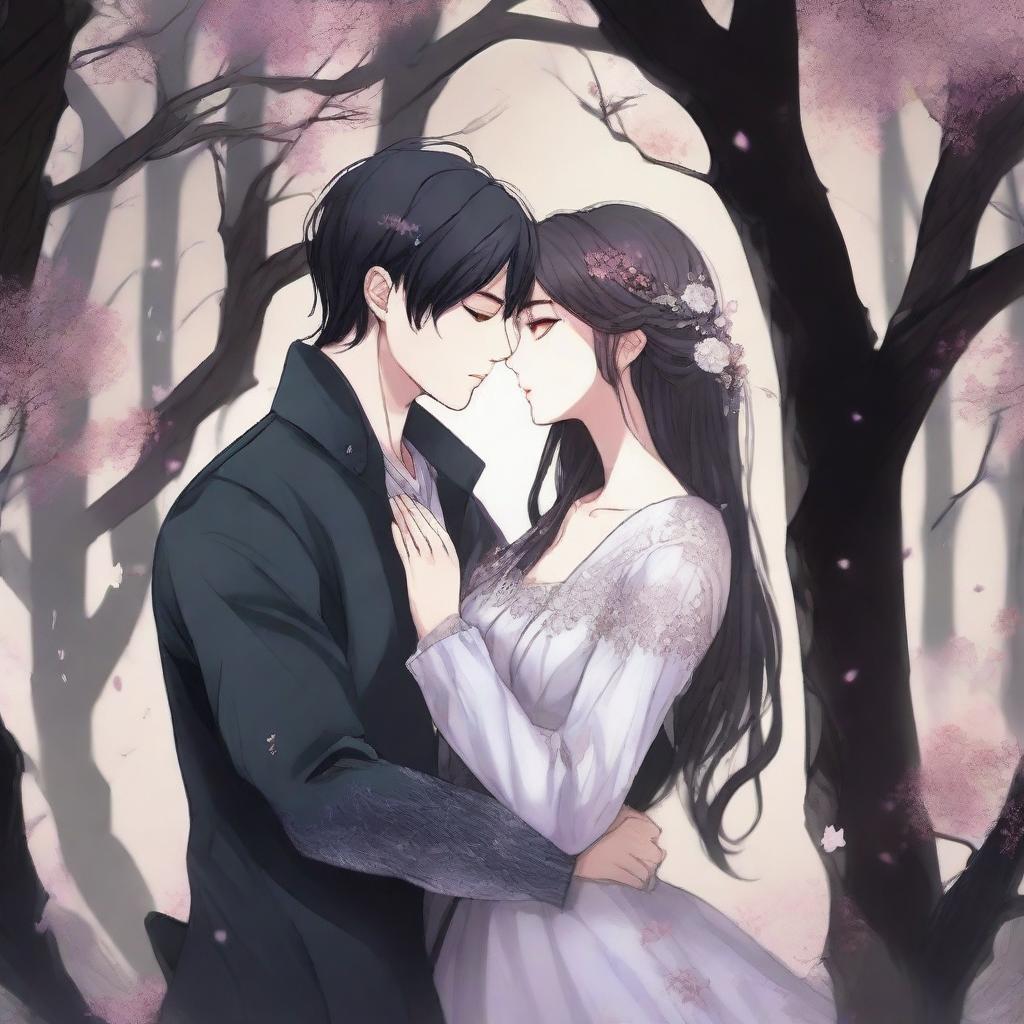 Create an image in the style of a dark fantasy Manhwa romance, featuring a young couple in a tender yet intense moment