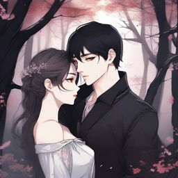 Create an image in the style of a dark fantasy Manhwa romance, featuring a young couple in a tender yet intense moment