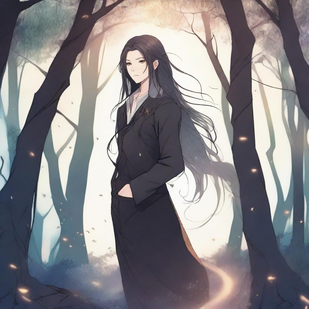 A dark fantasy manhwa romance scene featuring a man with long flowing hair