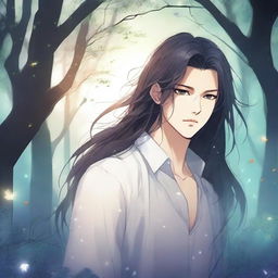 A dark fantasy manhwa romance scene featuring a man with long flowing hair