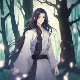 A dark fantasy manhwa romance scene featuring a man with long flowing hair