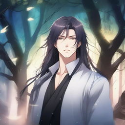 A dark fantasy manhwa romance scene featuring a man with long flowing hair