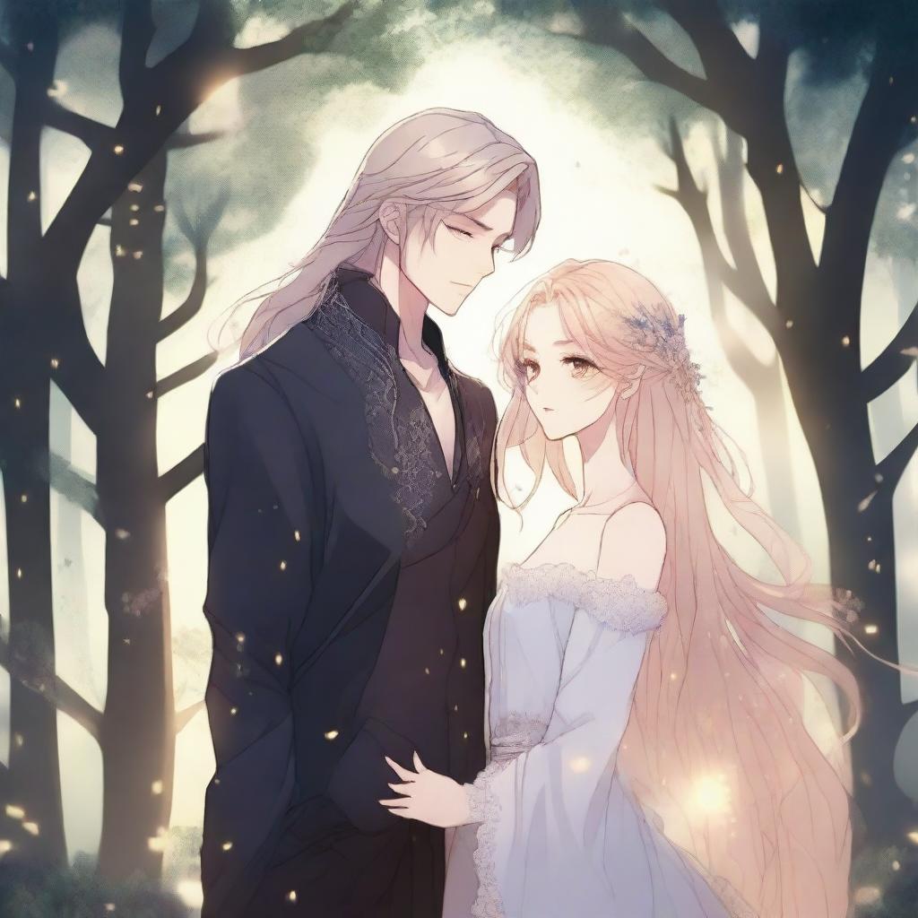 A dark fantasy manhwa romance scene featuring a man with long flowing hair and a blond woman