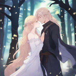 A dark fantasy manhwa romance scene featuring a man with long flowing hair and a blond woman