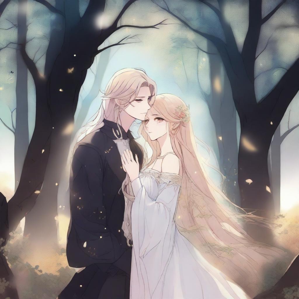 A dark fantasy manhwa romance scene featuring a man with long flowing hair and a blond woman