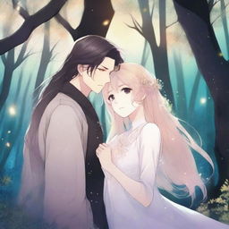 A dark fantasy manhwa romance scene featuring a man with long flowing hair and a blond woman