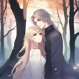 A spooky fantasy manhwa romance scene featuring a man with long flowing hair and a blond woman