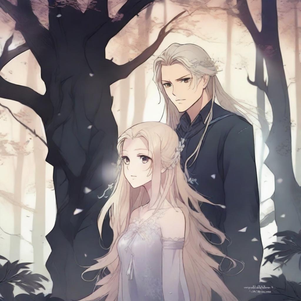 A spooky fantasy manhwa romance scene featuring a man with long flowing hair and a blond woman