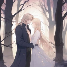 A spooky fantasy manhwa romance scene featuring a man with long flowing hair and a blond woman