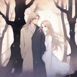 A spooky fantasy manhwa romance scene featuring a man with long flowing hair and a blond woman