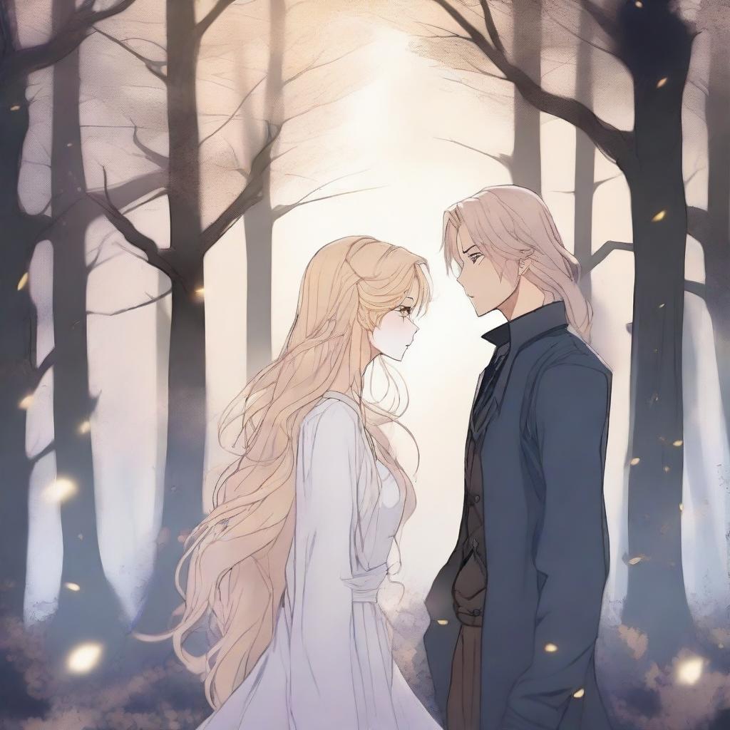 A spooky fantasy manhwa romance scene featuring a man with long flowing hair and a blond woman