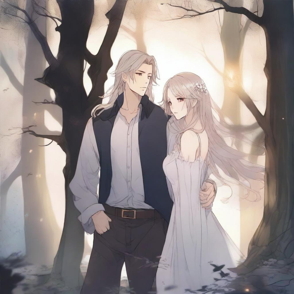 A spooky fantasy manhwa romance scene featuring a man with long flowing hair and a blond woman