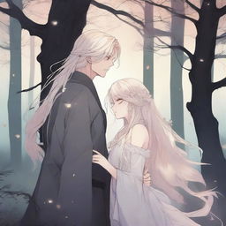 A spooky fantasy manhwa romance scene featuring a man with long flowing hair and a blond woman