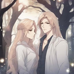 A spooky fantasy manhwa romance scene featuring a man with long flowing hair and a blond woman