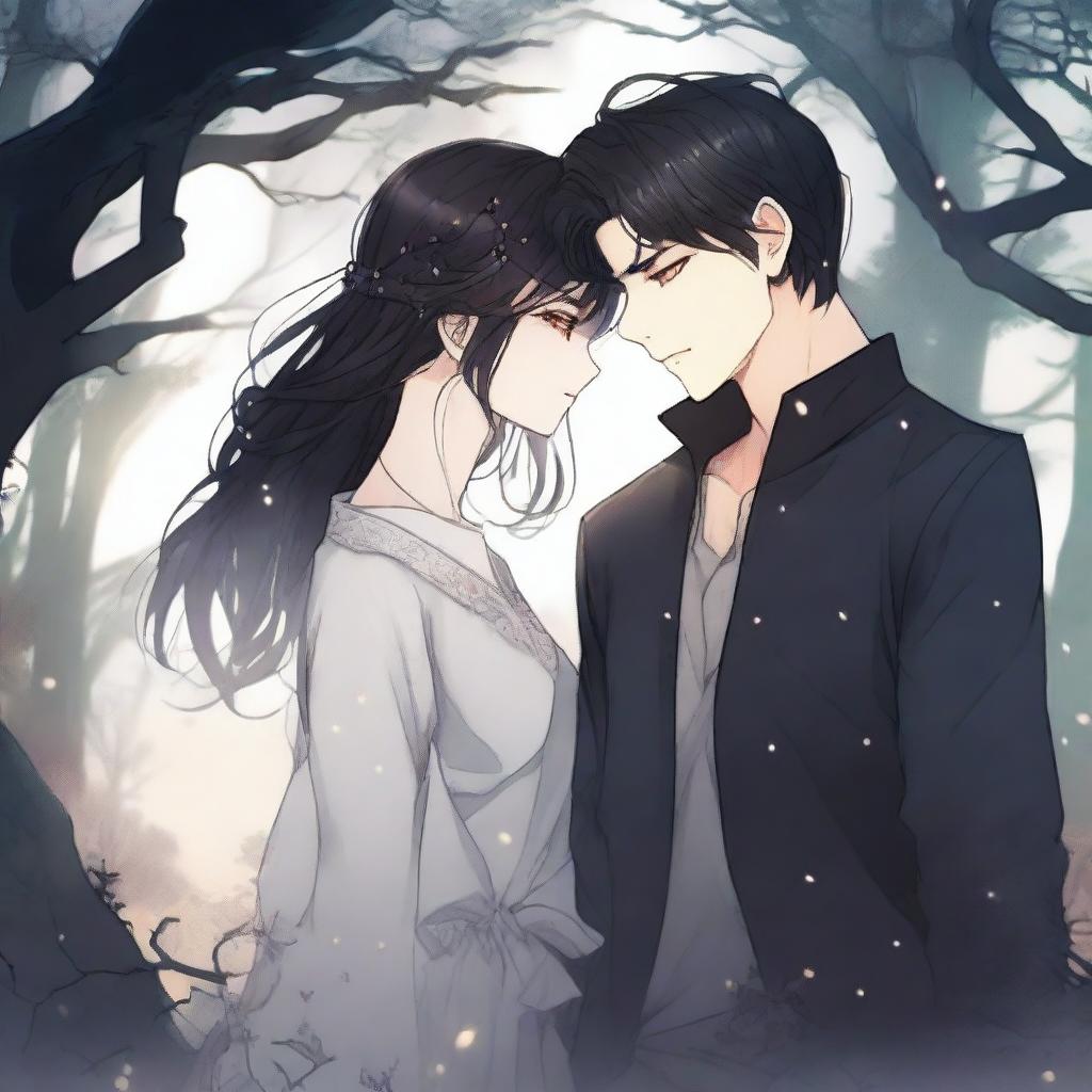 A spooky fantasy manhwa romance scene featuring a dark-haired man and woman