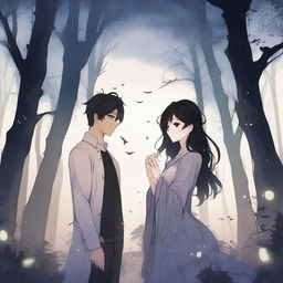 A spooky fantasy manhwa romance scene featuring a dark-haired man and woman