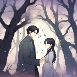 A spooky fantasy manhwa romance scene featuring a dark-haired man and woman