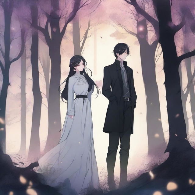 A spooky fantasy manhwa romance scene featuring a dark-haired man and woman