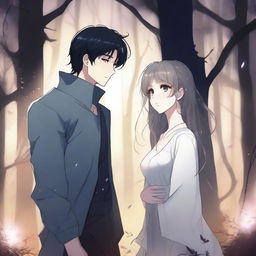 A spooky fantasy manhwa romance scene featuring a dark-haired man and a light-haired woman